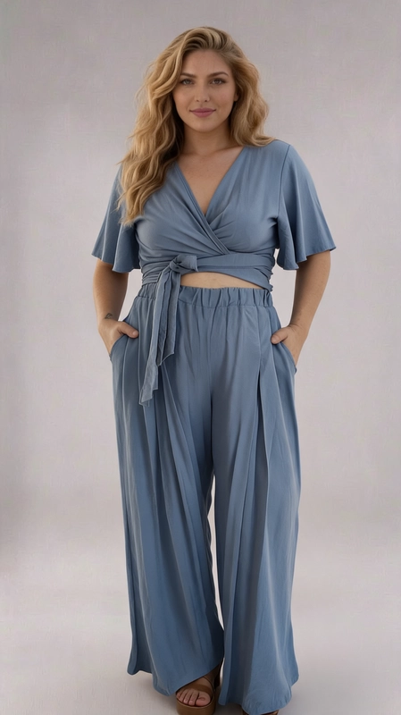 Σετ παντελόνι και μπλούζα ραφ - SET145 | Candiashop Boutique, Ανακαλύψτε το απόλυτο καλοκαιρινό σύνολο με αυτό το εντυπωσιακό σετ δύο τεμαχίων σε υπέροχη απόχρωση γαλάζιου-ατσάλινου. Η κροπ μπλούζα διαθέτει κομψό κρουαζέ ντεκολτέ με βαθύ V, φαρδιά μανίκια σε στυλ πεταλούδας που προσδίδουν αέρινη χάρη, και δένει στη μέση με κορδέλα για να τονίσει τη σιλουέτα σας. Το παντελόνι με φαρδιά, ρέουσα γραμμή και ελαστική μέση εξασφαλίζει άνεση και ελευθερία κινήσεων, ενώ οι πλαϊνές τσέπες συνδυάζουν πρακτικότητα και στυλ. Το μονόχρωμο, απαλό ύφασμα με ελαφρά υφή δίνει μια πολυτελή, καλοκαιρινή αίσθηση. Ιδανικό για βραδινές έξοδοι, καλοκαιρινά πάρτι, ή ακόμα και για χαλαρές ημερήσιες εμφανίσεις. Μπορεί να συνδυαστεί με χρυσά αξεσουάρ, όπως βραχιόλια και κολιέ, καθώς και με καφέ σανδάλια για ένα ολοκληρωμένο, boho-chic αποτέλεσμα. Ένα must-have κομμάτι για κάθε γυναίκα που αγαπά τη θηλυκότητα και την άνεση!