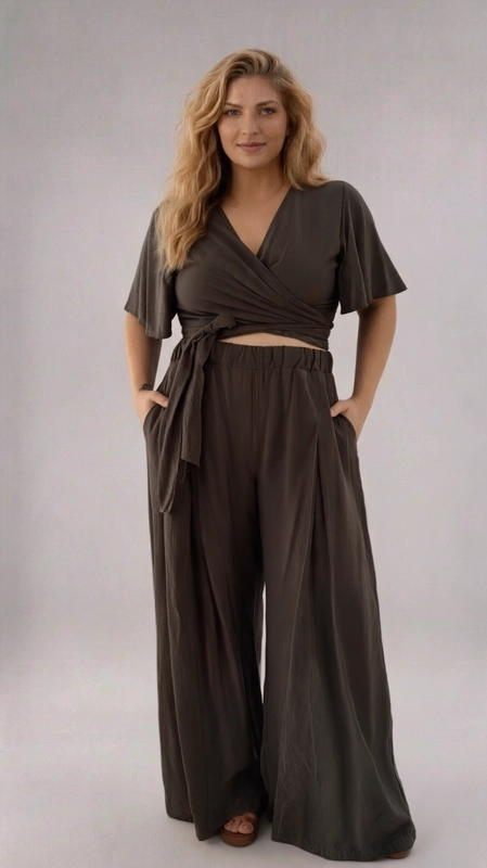 Σετ παντελόνι και μπλούζα χακί - SET146 | Candiashop Boutique, Ανακαλύψτε το απόλυτο σετ δύο τεμαχίων που συνδυάζει άνεση και στυλ σε ένα μοναδικό σύνολο. Σε βαθύ χακί-καφέ χρώμα, αυτό το εντυπωσιακό σετ αποτελείται από ένα crop top με κρουαζέ λαιμόκοψη και κοντά μανίκια, που δένει στη μέση με κορδόνι για ρυθμιζόμενη εφαρμογή, και ένα φαρδύ παντελόνι palazzo με ελαστική μέση που χαρίζει απίστευτη άνεση. Το μονόχρωμο, αρμονικό σχέδιο του σετ το καθιστά ιδανικό για πολλές περιστάσεις. Μπορεί να φορεθεί σε καλοκαιρινές βόλτες, σε επισκέψεις σε beach bar, αλλά και σε πιο επίσημα καλοκαιρινά γεγονότα. Το ρέον ύφασμα δίνει μια κομψή, αέρινη αίσθηση, ενώ το φαρδύ παντελόνι κολακεύει κάθε σιλουέτα. Συνδυάστε το με πλατφόρμες σανδάλια ή espadrilles για ένα ολοκληρωμένο, καλοκαιρινό look. Ιδανική επιλογή για γυναίκες που αναζητούν έναν συνδυασμό κομψότητας και άνεσης στην καθημερινή τους εμφάνιση.