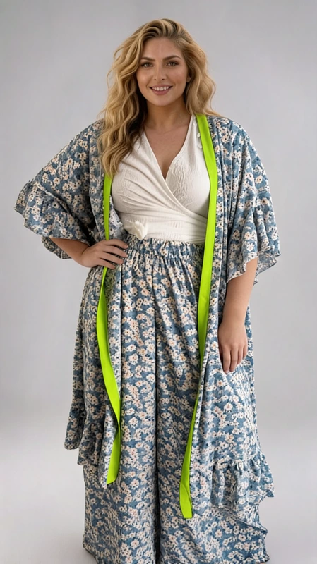 Ανακαλύψτε το τέλειο αμπιγιέ plus size σετ για την άνοιξη και το καλοκαίρι! Αυτό το κομψό σετ κιμονό παντελόνα σε χρώμα φλοράλ είναι κατασκευασμένο από ανάλαφρο ύφασμα και προσφέρει άνεση και στυλ. Είναι ευκολοφόρετο και ιδανικό για επίσημες εμφανίσεις όπως γάμος και βάπτιση.