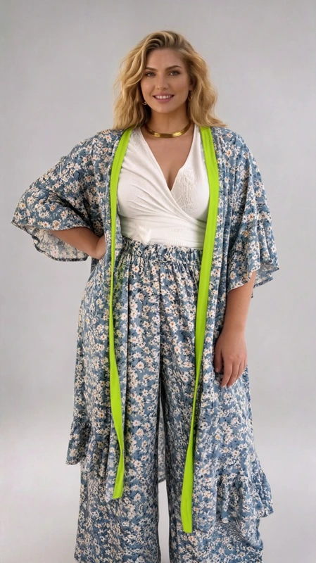 Σετ κιμονό παντελόνα plus size σε χρώμα γαλάζιο φλοράλ - SKP010 | Candiashop Boutique, Ανακαλύψτε το τέλειο αμπιγιέ plus size σετ για την άνοιξη και το καλοκαίρι! Αυτό το κομψό σετ κιμονό παντελόνα σε χρώμα φλοράλ είναι κατασκευασμένο από ανάλαφρο ύφασμα και προσφέρει άνεση και στυλ. Είναι ευκολοφόρετο και ιδανικό για επίσημες εμφανίσεις όπως γάμος και βάπτιση.