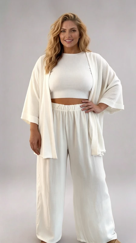 Ανακαλύψτε το τέλειο plus size σετ άσπρο για την άνοιξη και το καλοκαίρι! Αυτό το κομψό σετ κιμονό και παντελόνα σε δαντέλα είναι κατασκευασμένο από ανάλαφρο ύφασμα βισκόζη και προσφέρει άνεση και στυλ. Είναι ευκολοφόρετο και ιδανικό για επίσημες εμφανίσεις όπως γάμος και βάπτιση αλλά και για το γραφείο.
