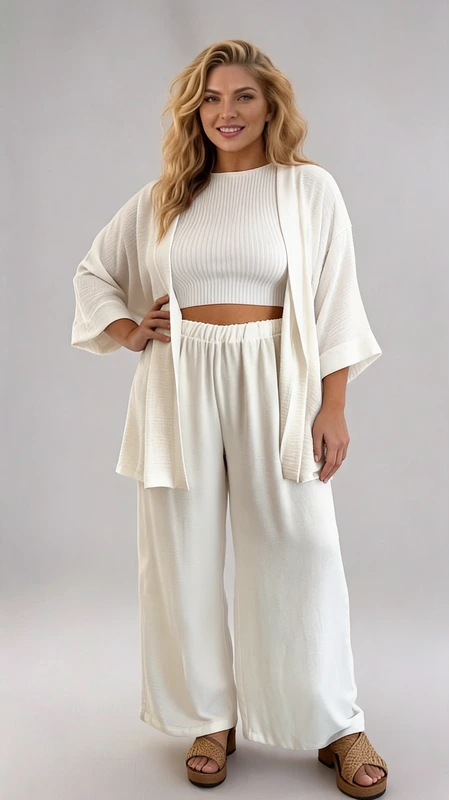 Σετ κιμονό παντελόνα plus size σε χρώμα άσπρο - SKP022 | Candiashop Boutique, Ανακαλύψτε το τέλειο plus size σετ άσπρο για την άνοιξη και το καλοκαίρι! Αυτό το κομψό σετ κιμονό και παντελόνα σε δαντέλα είναι κατασκευασμένο από ανάλαφρο ύφασμα βισκόζη και προσφέρει άνεση και στυλ. Είναι ευκολοφόρετο και ιδανικό για επίσημες εμφανίσεις όπως γάμος και βάπτιση αλλά και για το γραφείο.