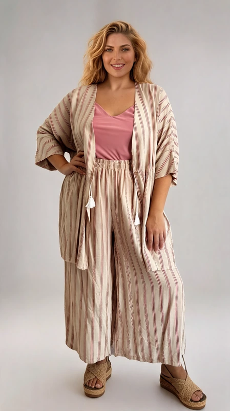 Ανακαλύψτε το τέλειο plus size σετ σε χρώμα εκρού σομόν ριγέ για την άνοιξη και το καλοκαίρι! Αυτό το κομψό σετ κιμονό παντελόνα σε κρεμ είναι κατασκευασμένο από ανάλαφρο ύφασμα βισκόζη και προσφέρει άνεση και στυλ. Είναι ευκολοφόρετο και ιδανικό για επίσημες εμφανίσεις όπως γάμος και βάπτιση αλλά και για το γραφείο.