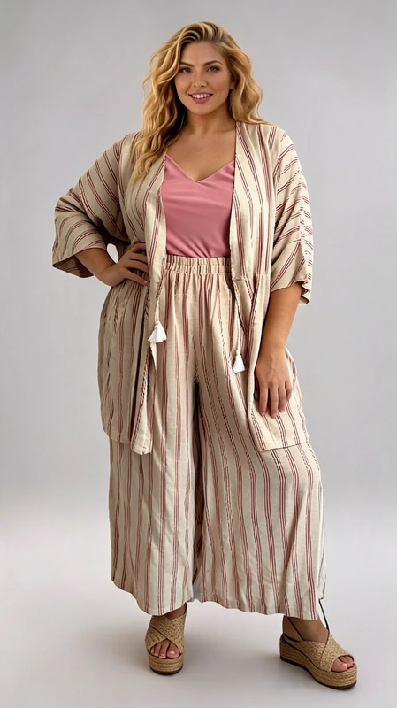 Σετ κιμονό παντελόνα plus size σε χρώμα εκρού σομόν ριγέ - SKP014 | Candiashop Boutique, Ανακαλύψτε το τέλειο plus size σετ σε χρώμα εκρού σομόν ριγέ για την άνοιξη και το καλοκαίρι! Αυτό το κομψό σετ κιμονό παντελόνα σε κρεμ είναι κατασκευασμένο από ανάλαφρο ύφασμα βισκόζη και προσφέρει άνεση και στυλ. Είναι ευκολοφόρετο και ιδανικό για επίσημες εμφανίσεις όπως γάμος και βάπτιση αλλά και για το γραφείο.