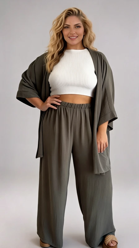 Ανακαλύψτε το τέλειο plus size σετ χακί για την άνοιξη και το καλοκαίρι! Αυτό το κομψό σετ κιμονό παντελόνα είναι κατασκευασμένο από ανάλαφρο ύφασμα βισκόζη και προσφέρει άνεση και στυλ. Είναι ευκολοφόρετο και ιδανικό για επίσημες εμφανίσεις όπως γάμος και βάπτιση αλλά και για το γραφείο.