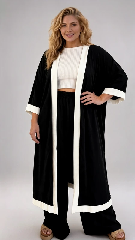 Σετ κιμονό παντελόνα plus size σε χρώμα μαύρο - SKP013 | Candiashop Boutique, Ανακαλύψτε το τέλειο plus size σετ μαύρο για την άνοιξη και το καλοκαίρι! Αυτό το κομψό σετ κιμονό παντελόνα είναι κατασκευασμένο από ανάλαφρο ύφασμα βισκόζη και προσφέρει άνεση και στυλ. Είναι ευκολοφόρετο και ιδανικό για επίσημες εμφανίσεις όπως γάμος και βάπτιση αλλά και για το γραφείο.