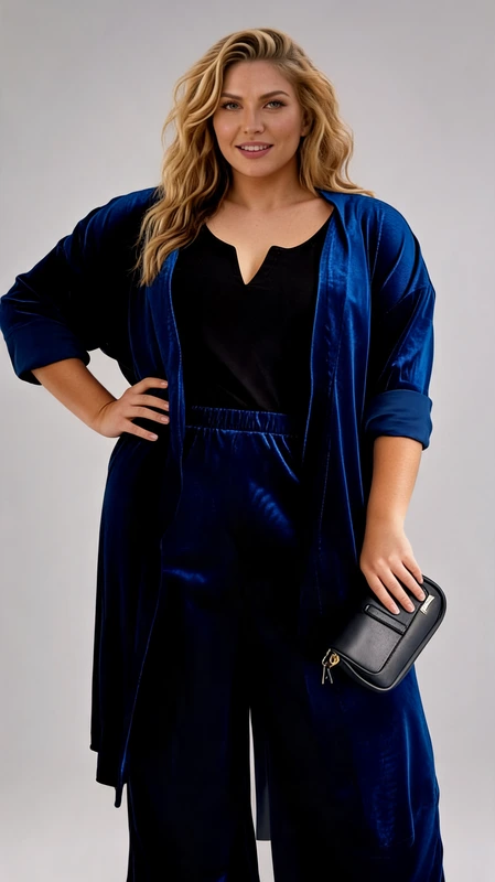 Ανακαλύψτε το τέλειο χειμωνιάτικο plus size σετ! Αυτό το σετ κιμονό παντελόνα σε χρώμα μπλε είναι κατασκευασμένο από ανάλαφρο ύφασμα και προσφέρει άνεση και στυλ. Είναι ευκολοφόρετο και ιδανικό για casual εμφανίσεις, διακοπές ή χαλάρωση στο σπίτι.