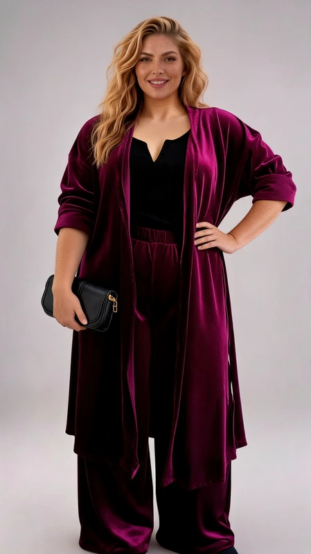 Ανακαλύψτε το τέλειο χειμωνιάτικο plus size σετ! Αυτό το  σετ κιμονό παντελόνα σε χρώμα μπορντό είναι κατασκευασμένο από ανάλαφρο ύφασμα και προσφέρει άνεση και στυλ. Είναι ευκολοφόρετο και ιδανικό για casual εμφανίσεις, διακοπές ή χαλάρωση στο σπίτι.