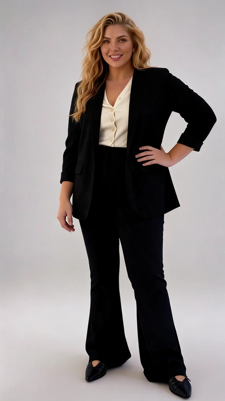 Κοστούμι γυναικείο μαύρο plus size - SSP029 | Candiashop Boutique, Κομψό γυναικείο κοστούμι σε βαθύ μαύρο χρώμα, ιδανικό για την επαγγελματική γυναίκα που αναζητά στυλ και άνεση. Το σετ αποτελείται από ένα καλοραμμένο σακάκι με μανίκια τριών τετάρτων και μια φαρδιά παντελόνα που χαρίζει κομψότητα και ελευθερία κινήσεων. Το σακάκι διαθέτει κλασική γραμμή με διακριτικές τσέπες και ανοιχτό μπροστινό μέρος που αναδεικνύει το εσωτερικό ένδυμα, όπως την εκρού μπλούζα που φαίνεται στη φωτογραφία. Η παντελόνα με την άνετη καμπάνα εφαρμογή κολακεύει όλους τους σωματότυπους και προσθέτει ύψος στη σιλουέτα. Ιδανικό για επαγγελματικές συναντήσεις, επίσημες εκδηλώσεις ή βραδινές εξόδους. Μπορεί να συνδυαστεί με μαύρες γόβες για ένα ολοκληρωμένο επαγγελματικό λουκ ή με statement κοσμήματα για πιο βραδινές εμφανίσεις. Το ύφασμα υψηλής ποιότητας εξασφαλίζει άψογη εφαρμογή και διαχρονική κομψότητα που δεν περνάει απαρατήρητη.