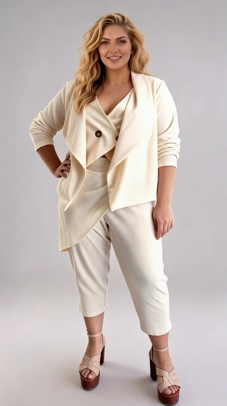 Σετ σακάκι παντελόνι γυναικείο εκρού plus size. Κατασκευασμένο από μαλακό ύφασμα, προσφέρει άνεση και κομψότητα. Πολύ μαλακό και βολικό, φοριέται άνετα όλες τις εποχές όπως: Φθινόπωρο, Χειμώνα και Άνοιξη!