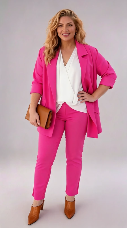 Σετ σακάκι παντελόνι γυναικείο φούξια plus size. Κατασκευασμένο από μαλακό ύφασμα, προσφέρει άνεση και κομψότητα. Πολύ μαλακό και βολικό, φοριέται άνετα όλες τις εποχές όπως: Φθινόπωρο, Χειμώνα και Άνοιξη!