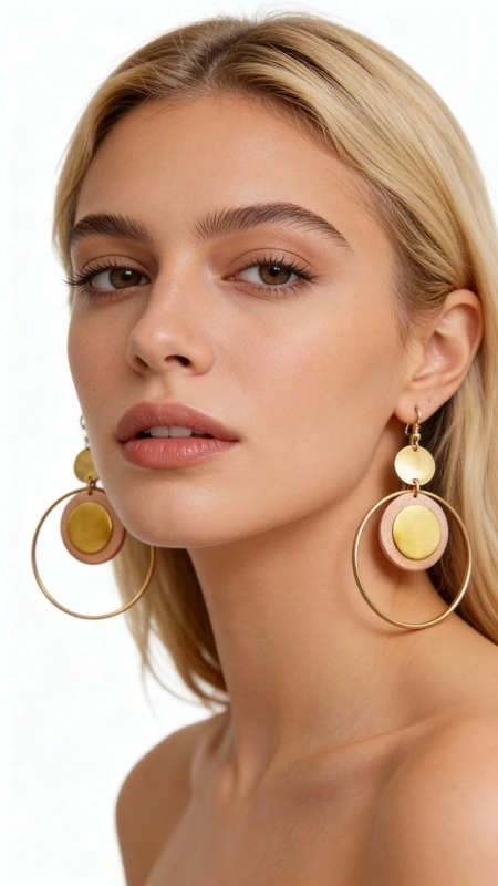 Ανακαλύψτε τη μαγεία των μεγάλων κρεμαστών σκουλαρικιών κρίκων με ξύλο που συνδυάζουν την φυσική ομορφιά με το σύγχρονο design. Αυτό το εντυπωσιακό χειροποίητο κόσμημα, σχεδιασμένο από την Ελληνίδα Σχεδιάστρια Κοσμημάτων Αικατερίνη Χαλκιαδάκη, αποτελεί την τέλεια επιλογή για γυναίκες που αγαπούν τα statement accessories.\u000AΤα σκουλαρίκια χαρακτηρίζονται από την μοναδική τους γεωμετρική σύνθεση που περιλαμβάνει χρυσούς κρίκους από ορείχαλκο και φυσικά ξύλινα στοιχεία σε απαλούς τόνους ροζ και κίτρινου. Η ιδιαίτερη διάταξη των στοιχείων δημιουργεί ένα εκλεπτυσμένο boho look που συνδυάζει άψογα με κάθε ντύσιμο.\u000AΚάθε ζευγάρι κατασκευάζεται με προσοχή χρησιμοποιώντας αποκλειστικά φυσικά υλικά υψηλής ποιότητας. Το ξύλο επεξεργάζεται ειδικά για να αποκτήσει την μοναδική του υφή και χρωματισμό, ενώ τα μεταλλικά μέρη από ορείχαλκο προσφέρουν ανθεκτικότητα και λάμψη.\u000AΥλικό: Ορείχαλκος, Ξύλο