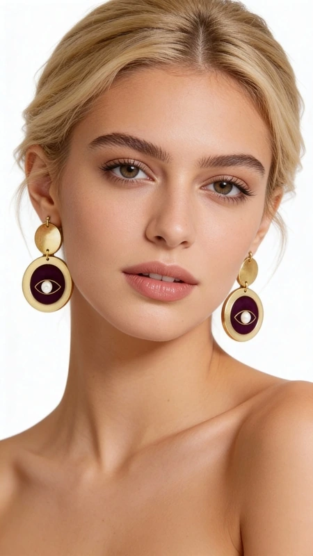 Ανακαλύψτε τη μαγεία του evil eye με αυτά τα εντυπωσιακά χειροποίητα σκουλαρίκια που συνδυάζουν παραδοσιακή προστασία με μοντέρνο στυλ. Κάθε ζευγάρι σκουλαρικιών evil eye, σχεδιασμένο από την Ελληνίδα Σχεδιάστρια Κοσμημάτων Αικατερίνη Χαλκιαδάκη, αποτελεί μια μοναδική δημιουργία που ενώνει τη σύγχρονη αισθητική με την αρχαία ελληνική παράδοση.\u000AΤα κρεμαστά σκουλαρίκια διαθέτουν δύο κομψούς κύκλους από ξύλο σε χρυσαφένια απόχρωση, με το κάτω τμήμα να φέρει εντυπωσιακό evil eye σε βαθύ μοβ χρώμα και λευκή πέρλα στο κέντρο. Η γεωμετρική σύνθεση και η αντίθεση των χρωμάτων δημιουργούν ένα statement κόσμημα που προσελκύει τα βλέμματα.\u000AΥλικό: Ορείχαλκος, Ξύλο \u000AΠέτρα: Μαργαριτάρι