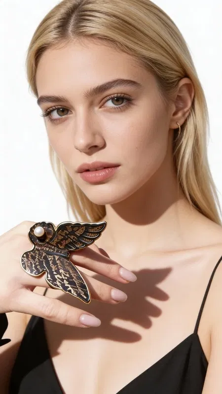 Ανακαλύψτε την τέλεια ισορροπία μεταξύ κλασικής κομψότητας και σύγχρονου design με αυτό το εντυπωσιακό statement δαχτυλίδι χειρόγραφο με μαργαριτάρι. Σχεδιασμένο από την Ελληνίδα Σχεδιάστρια Κοσμημάτων Αικατερίνη Χαλκιαδάκη, αυτό το μοναδικό κόσμημα συνδυάζει τη χειροποίητη τεχνοτροπία με καινοτόμα στοιχεία.\u000AΤο δαχτυλίδι χαρακτηρίζεται από τη μαύρη βάση του με εκλεπτυσμένα χειρόγραφα μοτίβα που θυμίζουν αρχαία ελληνικά γράμματα και διακοσμητικά στοιχεία. Στο κέντρο της σύνθεσης, ένα λευκό μαργαριτάρι προσθέτει αίσθηση πολυτέλειας και φωτεινότητας, δημιουργώντας έναν εντυπωσιακό αντίθεση με το σκούρο φόντο. Τα φτερωτά μοτίβα και οι χρυσές λεπτομέρειες συμπληρώνουν τη σύνθεση, προσδίδοντας βάθος και κίνηση στο σχέδιο.\u000AΑυτό το εξαιρετικό κόσμημα είναι ιδανικό για γυναίκες που επιλέγουν μοναδικά αξεσουάρ και αγαπούν τα χειροποίητα κοσμήματα με ιστορία. Φροντίστε το δαχτυλίδι σας αποθηκεύοντάς το σε στεγνό μέρος και καθαρίζοντάς το απαλά με μαλακό πανί.\u000AΥλικό: Ορείχαλκος \u000AΠέτρα: Μαργαριτάρι