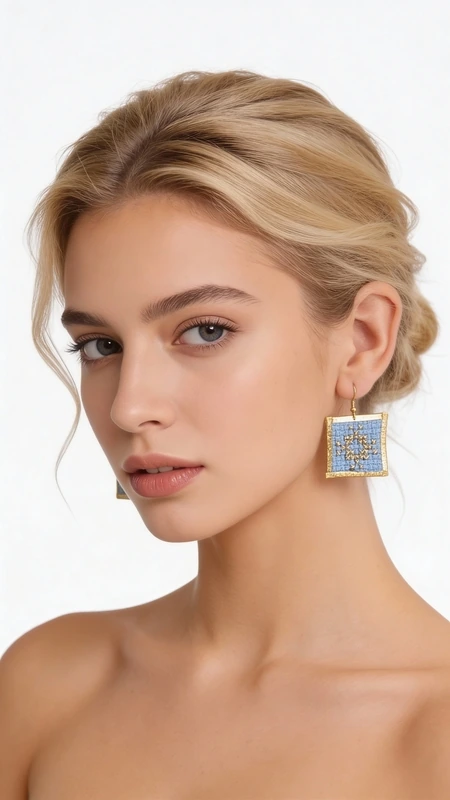 Τα statement σκουλαρίκια με κεντητά γεωμετρικά σχέδια σε γαλάζιο χρώμα θα γίνουν το αγαπημένο σας αξεσουάρ για κάθε ιδιαίτερη περίσταση. Σχεδιασμένα από την Ελληνίδα Σχεδιάστρια Κοσμημάτων Αικατερίνη Χαλκιαδάκη, αυτά τα εντυπωσιακά χειροποίητα σκουλαρίκια συνδυάζουν την παραδοσιακή τέχνη του κεντήματος με σύγχρονο design.\u000AΗ χρυσοκλωστή σε απαλό γαλάζιο χρώμα δημιουργεί ένα μοναδικό γεωμετρικό μοτίβο που προσθέτει κομψότητα και στυλ σε κάθε εμφάνιση. Τα κεντητά σκουλαρίκια έχουν τετράγωνο σχήμα και μεσαίο μέγεθος, ιδανικό για να κάνουν statement χωρίς να είναι υπερβολικά βαριά. Η λεπτομερής χειροτεχνία και το folklore design τους κάνουν ιδιαίτερα για βραδινές εξόδους, ειδικές εκδηλώσεις ή ακόμα και για γαμήλιες εμφανίσεις. Συντηρήστε τα σκουλαρίκια σας αποθηκεύοντάς τα σε στεγνό μέρος και αποφεύγοντας την επαφή με νερό ή χημικά προϊόντα για να διατηρήσουν το χρώμα τους.\u000AΥλικό: Ορείχαλκος, Ύφασμα