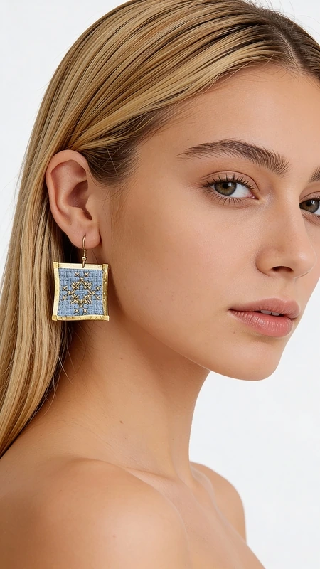 Κεντητά σκουλαρίκια statement με γεωμετρικά σχέδια από χρυσοκλωστή σε γαλάζιο - SKOUL-4700, Τα statement σκουλαρίκια με κεντητά γεωμετρικά σχέδια σε γαλάζιο χρώμα θα γίνουν το αγαπημένο σας αξεσουάρ για κάθε ιδιαίτερη περίσταση. Σχεδιασμένα από την Ελληνίδα Σχεδιάστρια Κοσμημάτων Αικατερίνη Χαλκιαδάκη, αυτά τα εντυπωσιακά χειροποίητα σκουλαρίκια συνδυάζουν την παραδοσιακή τέχνη του κεντήματος με σύγχρονο design.
Η χρυσοκλωστή σε απαλό γαλάζιο χρώμα δημιουργεί ένα μοναδικό γεωμετρικό μοτίβο που προσθέτει κομψότητα και στυλ σε κάθε εμφάνιση. Τα κεντητά σκουλαρίκια έχουν τετράγωνο σχήμα και μεσαίο μέγεθος, ιδανικό για να κάνουν statement χωρίς να είναι υπερβολικά βαριά. Η λεπτομερής χειροτεχνία και το folklore design τους κάνουν ιδιαίτερα για βραδινές εξόδους, ειδικές εκδηλώσεις ή ακόμα και για γαμήλιες εμφανίσεις. Συντηρήστε τα σκουλαρίκια σας αποθηκεύοντάς τα σε στεγνό μέρος και αποφεύγοντας την επαφή με νερό ή χημικά προϊόντα για να διατηρήσουν το χρώμα τους.
Υλικό: Ορείχαλκος, Ύφασμα