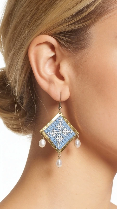 Κεντητά σκουλαρίκια statement με γεωμετρικά σχέδια από χρυσοκλωστή σε γαλάζιο - SKOUL-4701, Τα statement κεντητά σκουλαρίκια σε γαλάζιο χρώμα με γεωμετρικά σχέδια από χρυσοκλωστή αποτελούν το ιδανικό χειροποίητο κόσμημα για να αναδείξετε τη μοναδικότητά σας. Αυτά τα εντυπωσιακά κρεμαστά σκουλαρίκια, σχεδιασμένα από την Ελληνίδα Σχεδιάστρια Κοσμημάτων Αικατερίνη Χαλκιαδάκη, συνδυάζουν την παραδοσιακή τέχνη του κεντήματος με μοντέρνα αισθητική.
Η γαλάζια απόχρωση σε συνδυασμό με τη χρυσοκλωστή δημιουργεί μια εκλεπτυσμένη αντίθεση που προσελκύει τα βλέμματα. Τα γεωμετρικά σχέδια προσδίδουν σύγχρονο χαρακτήρα, ενώ οι λεπτές πέρλες που κρέμονται από τη βάση των σκουλαρικιών προσθέτουν κίνηση και θηλυκότητα. Το folklore design τους τα καθιστά ιδανικά για ιδιαίτερες στιγμές, από νυφικές εμφανίσεις έως κοκτέιλ παρτυ. Ιδανικά σκουλαρίκαι για γάμους, βαπτίσεις και ιδιαίτερες εκδηλώσεις. Συντηρείστε τα με προσοχή, αποφεύγοντας την επαφή με νερό και αρώματα για μεγαλύτερη διάρκεια ζωής.
Υλικό: Ορείχαλκος, Ύφασμα 
Πέτρα: Πέρλα