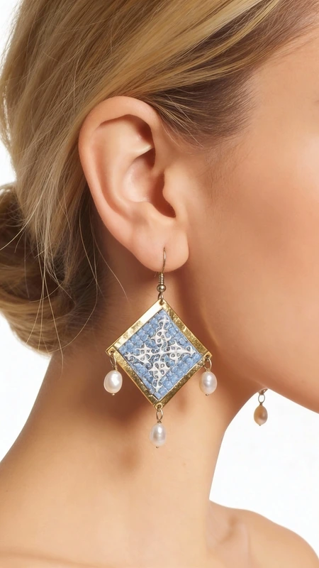 Κεντητά σκουλαρίκια statement με γεωμετρικά σχέδια από χρυσοκλωστή σε γαλάζιο - SKOUL-4701, Τα statement κεντητά σκουλαρίκια σε γαλάζιο χρώμα με γεωμετρικά σχέδια από χρυσοκλωστή αποτελούν το ιδανικό χειροποίητο κόσμημα για να αναδείξετε τη μοναδικότητά σας. Αυτά τα εντυπωσιακά κρεμαστά σκουλαρίκια, σχεδιασμένα από την Ελληνίδα Σχεδιάστρια Κοσμημάτων Αικατερίνη Χαλκιαδάκη, συνδυάζουν την παραδοσιακή τέχνη του κεντήματος με μοντέρνα αισθητική.
Η γαλάζια απόχρωση σε συνδυασμό με τη χρυσοκλωστή δημιουργεί μια εκλεπτυσμένη αντίθεση που προσελκύει τα βλέμματα. Τα γεωμετρικά σχέδια προσδίδουν σύγχρονο χαρακτήρα, ενώ οι λεπτές πέρλες που κρέμονται από τη βάση των σκουλαρικιών προσθέτουν κίνηση και θηλυκότητα. Το folklore design τους τα καθιστά ιδανικά για ιδιαίτερες στιγμές, από νυφικές εμφανίσεις έως κοκτέιλ παρτυ. Ιδανικά σκουλαρίκαι για γάμους, βαπτίσεις και ιδιαίτερες εκδηλώσεις. Συντηρείστε τα με προσοχή, αποφεύγοντας την επαφή με νερό και αρώματα για μεγαλύτερη διάρκεια ζωής.
Υλικό: Ορείχαλκος, Ύφασμα 
Πέτρα: Πέρλα