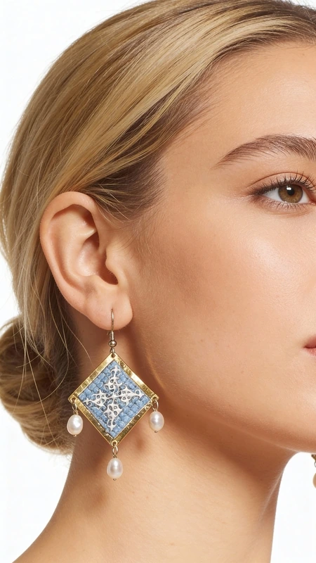 Κεντητά σκουλαρίκια statement με γεωμετρικά σχέδια από χρυσοκλωστή σε γαλάζιο - SKOUL-4701, Τα statement κεντητά σκουλαρίκια σε γαλάζιο χρώμα με γεωμετρικά σχέδια από χρυσοκλωστή αποτελούν το ιδανικό χειροποίητο κόσμημα για να αναδείξετε τη μοναδικότητά σας. Αυτά τα εντυπωσιακά κρεμαστά σκουλαρίκια, σχεδιασμένα από την Ελληνίδα Σχεδιάστρια Κοσμημάτων Αικατερίνη Χαλκιαδάκη, συνδυάζουν την παραδοσιακή τέχνη του κεντήματος με μοντέρνα αισθητική.
Η γαλάζια απόχρωση σε συνδυασμό με τη χρυσοκλωστή δημιουργεί μια εκλεπτυσμένη αντίθεση που προσελκύει τα βλέμματα. Τα γεωμετρικά σχέδια προσδίδουν σύγχρονο χαρακτήρα, ενώ οι λεπτές πέρλες που κρέμονται από τη βάση των σκουλαρικιών προσθέτουν κίνηση και θηλυκότητα. Το folklore design τους τα καθιστά ιδανικά για ιδιαίτερες στιγμές, από νυφικές εμφανίσεις έως κοκτέιλ παρτυ. Ιδανικά σκουλαρίκαι για γάμους, βαπτίσεις και ιδιαίτερες εκδηλώσεις. Συντηρείστε τα με προσοχή, αποφεύγοντας την επαφή με νερό και αρώματα για μεγαλύτερη διάρκεια ζωής.
Υλικό: Ορείχαλκος, Ύφασμα 
Πέτρα: Πέρλα