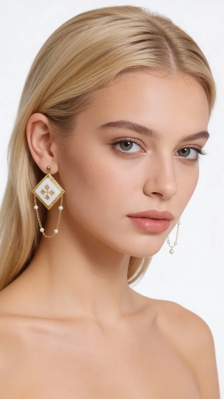 Ανακαλύψτε την τέλεια ισορροπία ανάμεσα στην παραδοσιακή τέχνη του κεντήματος και τη μοντέρνα αισθητική με αυτά τα εντυπωσιακά statement σκουλαρίκια. Κεντημένα με χρυσοκλωστή σε λευκή βάση, παρουσιάζουν γεωμετρικά σχέδια που αιχμαλωτίζουν το βλέμμα, σχεδιασμένα από την Ελληνίδα Σχεδιάστρια Κοσμημάτων Αικατερίνη Χαλκιαδάκη.\u000AΤο μοναδικό αυτό ζευγάρι κρεμαστών σκουλαρικιών διακρίνεται για τη χειροποίητη κατασκευή του και τον πρωτότυπο συνδυασμό χρωμάτων. Η χρυσή κλωστή δημιουργεί εκλεπτυσμένα γεωμετρικά μοτίβα πάνω σε λευκό υπόβαθρο, ενώ οι κρεμαστές λεπτομέρειες με πέρλες προσδίδουν κίνηση και φινέτσα. Τα κεντητά στοιχεία σε σχήμα ρόμβου συνδυάζονται αρμονικά με τις κρεμαστές πέρλες, δημιουργώντας ένα εντυπωσιακό σύνολο.\u000AΙδανικά για ιδιαίτερες περιστάσεις, γάμους ή βραδινές εξόδους, αυτά τα μοντέρνα σκουλαρίκια θα αναδείξουν το στυλ σας με τον πιο εκλεπτυσμένο τρόπο. Η χειροποίητη κατασκευή εγγυάται τη μοναδικότητα κάθε κομματιού.\u000AΦυλάσσετε σε στεγνό μέρος μακριά από άμεσο φως. Καθαρίζετε απαλά με στεγνό πανί.\u000AΥλικό: Ορείχαλκος \u000AΠέτρα: Πέρλα