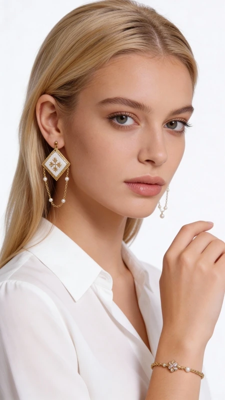 Κεντητά σκουλαρίκια statement με γεωμετρικά σχέδια από χρυσοκλωστή σε λευκό - SKOUL-4680, Ανακαλύψτε την τέλεια ισορροπία ανάμεσα στην παραδοσιακή τέχνη του κεντήματος και τη μοντέρνα αισθητική με αυτά τα εντυπωσιακά statement σκουλαρίκια. Κεντημένα με χρυσοκλωστή σε λευκή βάση, παρουσιάζουν γεωμετρικά σχέδια που αιχμαλωτίζουν το βλέμμα, σχεδιασμένα από την Ελληνίδα Σχεδιάστρια Κοσμημάτων Αικατερίνη Χαλκιαδάκη.
Το μοναδικό αυτό ζευγάρι κρεμαστών σκουλαρικιών διακρίνεται για τη χειροποίητη κατασκευή του και τον πρωτότυπο συνδυασμό χρωμάτων. Η χρυσή κλωστή δημιουργεί εκλεπτυσμένα γεωμετρικά μοτίβα πάνω σε λευκό υπόβαθρο, ενώ οι κρεμαστές λεπτομέρειες με πέρλες προσδίδουν κίνηση και φινέτσα. Τα κεντητά στοιχεία σε σχήμα ρόμβου συνδυάζονται αρμονικά με τις κρεμαστές πέρλες, δημιουργώντας ένα εντυπωσιακό σύνολο.
Ιδανικά για ιδιαίτερες περιστάσεις, γάμους ή βραδινές εξόδους, αυτά τα μοντέρνα σκουλαρίκια θα αναδείξουν το στυλ σας με τον πιο εκλεπτυσμένο τρόπο. Η χειροποίητη κατασκευή εγγυάται τη μοναδικότητα κάθε κομματιού.
Φυλάσσετε σε στεγνό μέρος μακριά από άμεσο φως. Καθαρίζετε απαλά με στεγνό πανί.
Υλικό: Ορείχαλκος 
Πέτρα: Πέρλα