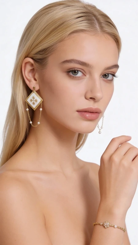 Κεντητά σκουλαρίκια statement με γεωμετρικά σχέδια από χρυσοκλωστή σε λευκό - SKOUL-4680, Ανακαλύψτε την τέλεια ισορροπία ανάμεσα στην παραδοσιακή τέχνη του κεντήματος και τη μοντέρνα αισθητική με αυτά τα εντυπωσιακά statement σκουλαρίκια. Κεντημένα με χρυσοκλωστή σε λευκή βάση, παρουσιάζουν γεωμετρικά σχέδια που αιχμαλωτίζουν το βλέμμα, σχεδιασμένα από την Ελληνίδα Σχεδιάστρια Κοσμημάτων Αικατερίνη Χαλκιαδάκη.
Το μοναδικό αυτό ζευγάρι κρεμαστών σκουλαρικιών διακρίνεται για τη χειροποίητη κατασκευή του και τον πρωτότυπο συνδυασμό χρωμάτων. Η χρυσή κλωστή δημιουργεί εκλεπτυσμένα γεωμετρικά μοτίβα πάνω σε λευκό υπόβαθρο, ενώ οι κρεμαστές λεπτομέρειες με πέρλες προσδίδουν κίνηση και φινέτσα. Τα κεντητά στοιχεία σε σχήμα ρόμβου συνδυάζονται αρμονικά με τις κρεμαστές πέρλες, δημιουργώντας ένα εντυπωσιακό σύνολο.
Ιδανικά για ιδιαίτερες περιστάσεις, γάμους ή βραδινές εξόδους, αυτά τα μοντέρνα σκουλαρίκια θα αναδείξουν το στυλ σας με τον πιο εκλεπτυσμένο τρόπο. Η χειροποίητη κατασκευή εγγυάται τη μοναδικότητα κάθε κομματιού.
Φυλάσσετε σε στεγνό μέρος μακριά από άμεσο φως. Καθαρίζετε απαλά με στεγνό πανί.
Υλικό: Ορείχαλκος 
Πέτρα: Πέρλα