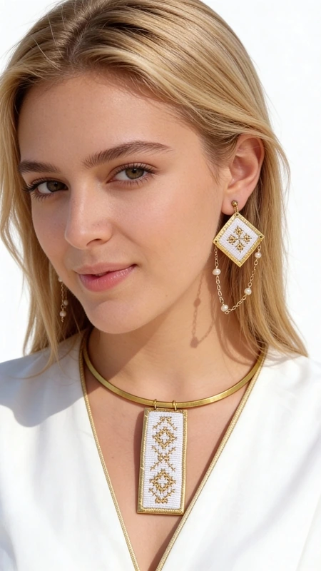 Κεντητά σκουλαρίκια statement με γεωμετρικά σχέδια από χρυσοκλωστή σε λευκό - SKOUL-4680, Ανακαλύψτε την τέλεια ισορροπία ανάμεσα στην παραδοσιακή τέχνη του κεντήματος και τη μοντέρνα αισθητική με αυτά τα εντυπωσιακά statement σκουλαρίκια. Κεντημένα με χρυσοκλωστή σε λευκή βάση, παρουσιάζουν γεωμετρικά σχέδια που αιχμαλωτίζουν το βλέμμα, σχεδιασμένα από την Ελληνίδα Σχεδιάστρια Κοσμημάτων Αικατερίνη Χαλκιαδάκη.
Το μοναδικό αυτό ζευγάρι κρεμαστών σκουλαρικιών διακρίνεται για τη χειροποίητη κατασκευή του και τον πρωτότυπο συνδυασμό χρωμάτων. Η χρυσή κλωστή δημιουργεί εκλεπτυσμένα γεωμετρικά μοτίβα πάνω σε λευκό υπόβαθρο, ενώ οι κρεμαστές λεπτομέρειες με πέρλες προσδίδουν κίνηση και φινέτσα. Τα κεντητά στοιχεία σε σχήμα ρόμβου συνδυάζονται αρμονικά με τις κρεμαστές πέρλες, δημιουργώντας ένα εντυπωσιακό σύνολο.
Ιδανικά για ιδιαίτερες περιστάσεις, γάμους ή βραδινές εξόδους, αυτά τα μοντέρνα σκουλαρίκια θα αναδείξουν το στυλ σας με τον πιο εκλεπτυσμένο τρόπο. Η χειροποίητη κατασκευή εγγυάται τη μοναδικότητα κάθε κομματιού.
Φυλάσσετε σε στεγνό μέρος μακριά από άμεσο φως. Καθαρίζετε απαλά με στεγνό πανί.
Υλικό: Ορείχαλκος 
Πέτρα: Πέρλα