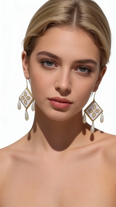 Κεντητά σκουλαρίκια statement με γεωμετρικά σχέδια από χρυσοκλωστή σε λευκό - SKOUL-4681, Τα εντυπωσιακά κεντητά σκουλαρίκια statement με γεωμετρικά σχέδια από χρυσοκλωστή σε λευκό χρώμα αποτελούν την τέλεια επιλογή για κάθε γυναίκα που θέλει να ξεχωρίσει. Σχεδιασμένα από την Ελληνίδα Σχεδιάστρια Κοσμημάτων Αικατερίνη Χαλκιαδάκη, αυτά τα χειροποίητα κοσμήματα συνδυάζουν την παραδοσιακή τέχνη του κεντήματος με μοντέρνα αισθητική.
Κάθε σκουλαρίκι διαθέτει έναν κεντητό ρομβοειδή σχηματισμό με λεπτομερή γεωμετρικά μοτίβα από χρυσή κλωστή, ενώ τρεις κομψές πέρλες σε σταγονοειδές σχήμα κρέμονται κάτω από το κεντρικό στοιχείο, δημιουργώντας μια κίνηση που προσδίδει ζωντάνια και κομψότητα. Το λευκό χρώμα των περλών αντιπαραβάλλει υπέροχα με τις χρυσές λεπτομέρειες.
Αυτά τα εντυπωσιακά σκουλαρίκια είναι ιδανικά για γάμους, βραδινές εξόδους και ειδικές περιστάσεις, προσφέροντας μια πινελιά boho elegance σε κάθε εμφάνιση.
Φυλάξτε τα σε στεγνό μέρος και αποφύγετε την επαφή με υγρασία για τη διατήρηση της ομορφιάς τους.
Υλικό: Ορείχαλκος, Ύφασμα 
Πέτρα: Πέρλα