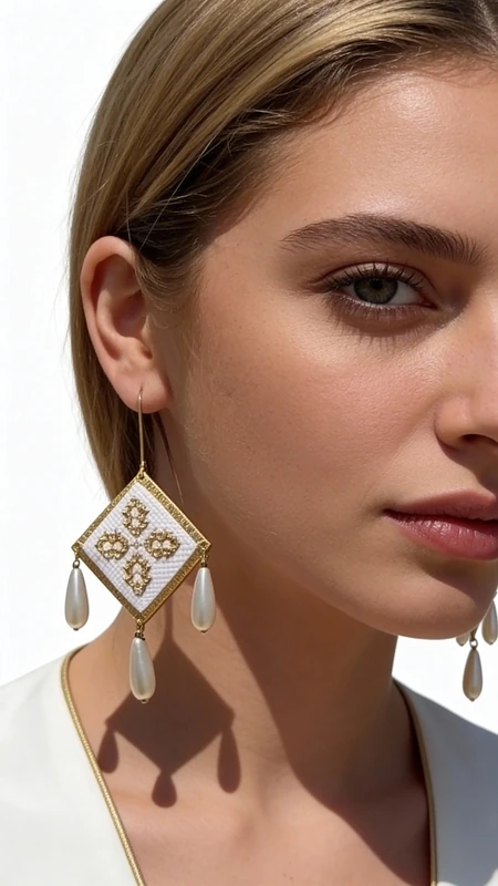 Κεντητά σκουλαρίκια statement με γεωμετρικά σχέδια από χρυσοκλωστή σε λευκό - SKOUL-4681, Τα εντυπωσιακά κεντητά σκουλαρίκια statement με γεωμετρικά σχέδια από χρυσοκλωστή σε λευκό χρώμα αποτελούν την τέλεια επιλογή για κάθε γυναίκα που θέλει να ξεχωρίσει. Σχεδιασμένα από την Ελληνίδα Σχεδιάστρια Κοσμημάτων Αικατερίνη Χαλκιαδάκη, αυτά τα χειροποίητα κοσμήματα συνδυάζουν την παραδοσιακή τέχνη του κεντήματος με μοντέρνα αισθητική.
Κάθε σκουλαρίκι διαθέτει έναν κεντητό ρομβοειδή σχηματισμό με λεπτομερή γεωμετρικά μοτίβα από χρυσή κλωστή, ενώ τρεις κομψές πέρλες σε σταγονοειδές σχήμα κρέμονται κάτω από το κεντρικό στοιχείο, δημιουργώντας μια κίνηση που προσδίδει ζωντάνια και κομψότητα. Το λευκό χρώμα των περλών αντιπαραβάλλει υπέροχα με τις χρυσές λεπτομέρειες.
Αυτά τα εντυπωσιακά σκουλαρίκια είναι ιδανικά για γάμους, βραδινές εξόδους και ειδικές περιστάσεις, προσφέροντας μια πινελιά boho elegance σε κάθε εμφάνιση.
Φυλάξτε τα σε στεγνό μέρος και αποφύγετε την επαφή με υγρασία για τη διατήρηση της ομορφιάς τους.
Υλικό: Ορείχαλκος, Ύφασμα 
Πέτρα: Πέρλα