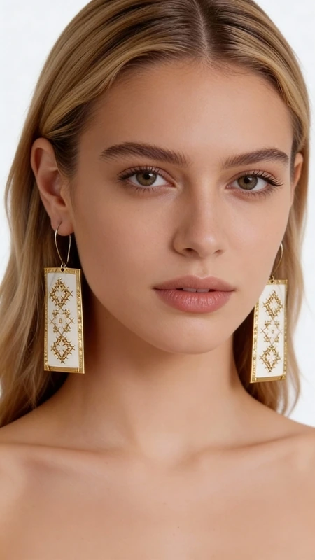 Αυτά τα εντυπωσιακά statement σκουλαρίκια κεντητά με χρυσοκλωστή συνδυάζουν την παραδοσιακή τέχνη του κεντήματος με τη σύγχρονη αισθητική. Σχεδιασμένα από την Ελληνίδα Σχεδιάστρια Κοσμημάτων Αικατερίνη Χαλκιαδάκη, αυτά τα χειροποίητα σκουλαρίκια διακοσμούνται με γεωμετρικά μοτίβα σε λευκή βάση που δημιουργούν μια κομψή και διαχρονική εμφάνιση.\u000AΤα κρεμαστά σκουλαρίκια χαρακτηρίζονται από τη λεπτομερή χρυσή κεντητή διακόσμηση που σχηματίζει ρομβοειδή σχέδια, προσφέροντας μια μοναδική υφή και όγκο. Η λευκή βάση δημιουργεί την τέλεια αντίθεση με τις χρυσές λεπτομέρεις, ενώ το ορθογώνιο σχήμα τους τα καθιστά ιδανικά για κάθε περίσταση.\u000AΑυτά τα μοντέρνα κεντητά σκουλαρίκια είναι η τέλεια επιλογή για γυναίκες που αγαπούν τα εντυπωσιακά κοσμήματα με παραδοσιακά στοιχεία. Συνδυάζονται αρμονικά με κλασικά και σύγχρονα outfit, προσθέτοντας μια νότα κομψότητας και πρωτοτυπίας. Φυλάσσετε σε στεγνό μέρος και καθαρίζετε απαλά με στεγνό πανί.\u000AΥλικό: Ορείχαλκος, Ύφασμα