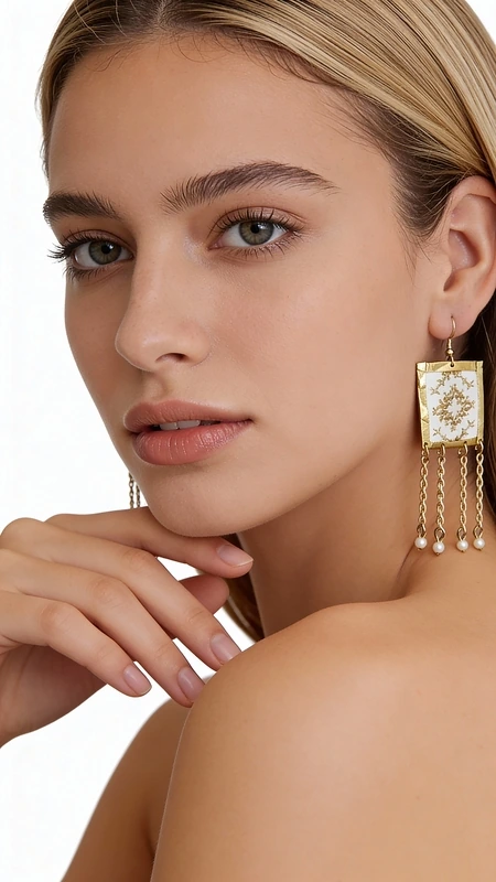 Τα εντυπωσιακά statement σκουλαρίκια με κεντητά γεωμετρικά σχέδια από χρυσοκλωστή σε λευκό χρώμα αποτελούν το ιδανικό αξεσουάρ για κάθε γυναίκα που αναζητά μοντέρνα και πρωτότυπα κοσμήματα. Σχεδιασμένα από την Ελληνίδα Σχεδιάστρια Κοσμημάτων Αικατερίνη Χαλκιαδάκη, συνδυάζουν την παραδοσιακή τέχνη του κεντήματος με σύγχρονες γεωμετρικές γραμμές.\u000AΗ χρυσοκλωστή που διακοσμεί το λευκό υπόβαθρο δημιουργεί εντυπωσιακές αντιθέσεις και προσδίδει πολυτέλεια στο σχέδιο. Τα κρεμαστά στοιχεία σε χρυσό τόνο προσθέτουν κίνηση και ιδιαίτερο χαρακτήρα, ενώ το γεωμετρικό μοτίβο τα καθιστά κατάλληλα τόσο για καθημερινές εμφανίσεις όσο και για ιδιαίτερες περιστάσεις.\u000AΙδανικά για γάμους, βραδινές εξόδους αλλά και για να προσθέσουν στιλ στο καθημερινό σας outfit, αυτά τα χειροποίητα σκουλαρίκια αντικατοπτρίζουν την ελληνική παράδοση στη σύγχρονη μόδα. Φυλάσσετε σε στεγνό μέρος μακριά από υγρασία και αποφύγετε την επαφή με αρώματα και καλλυντικά.\u000AΥλικό: Ορείχαλκος, Ύφασμα \u000AΠέτρα: Πέρλα