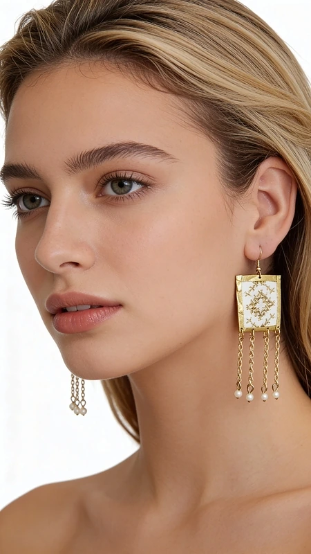 Κεντητά σκουλαρίκια statement με γεωμετρικά σχέδια από χρυσοκλωστή σε λευκό - SKOUL-4693, Τα εντυπωσιακά statement σκουλαρίκια με κεντητά γεωμετρικά σχέδια από χρυσοκλωστή σε λευκό χρώμα αποτελούν το ιδανικό αξεσουάρ για κάθε γυναίκα που αναζητά μοντέρνα και πρωτότυπα κοσμήματα. Σχεδιασμένα από την Ελληνίδα Σχεδιάστρια Κοσμημάτων Αικατερίνη Χαλκιαδάκη, συνδυάζουν την παραδοσιακή τέχνη του κεντήματος με σύγχρονες γεωμετρικές γραμμές.
Η χρυσοκλωστή που διακοσμεί το λευκό υπόβαθρο δημιουργεί εντυπωσιακές αντιθέσεις και προσδίδει πολυτέλεια στο σχέδιο. Τα κρεμαστά στοιχεία σε χρυσό τόνο προσθέτουν κίνηση και ιδιαίτερο χαρακτήρα, ενώ το γεωμετρικό μοτίβο τα καθιστά κατάλληλα τόσο για καθημερινές εμφανίσεις όσο και για ιδιαίτερες περιστάσεις.
Ιδανικά για γάμους, βραδινές εξόδους αλλά και για να προσθέσουν στιλ στο καθημερινό σας outfit, αυτά τα χειροποίητα σκουλαρίκια αντικατοπτρίζουν την ελληνική παράδοση στη σύγχρονη μόδα. Φυλάσσετε σε στεγνό μέρος μακριά από υγρασία και αποφύγετε την επαφή με αρώματα και καλλυντικά.
Υλικό: Ορείχαλκος, Ύφασμα 
Πέτρα: Πέρλα