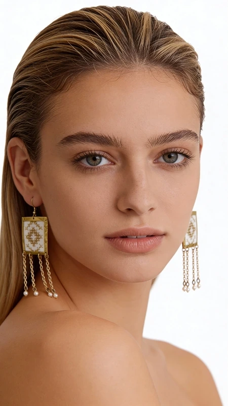 Κεντητά σκουλαρίκια statement με γεωμετρικά σχέδια από χρυσοκλωστή σε λευκό - SKOUL-4693, Τα εντυπωσιακά statement σκουλαρίκια με κεντητά γεωμετρικά σχέδια από χρυσοκλωστή σε λευκό χρώμα αποτελούν το ιδανικό αξεσουάρ για κάθε γυναίκα που αναζητά μοντέρνα και πρωτότυπα κοσμήματα. Σχεδιασμένα από την Ελληνίδα Σχεδιάστρια Κοσμημάτων Αικατερίνη Χαλκιαδάκη, συνδυάζουν την παραδοσιακή τέχνη του κεντήματος με σύγχρονες γεωμετρικές γραμμές.
Η χρυσοκλωστή που διακοσμεί το λευκό υπόβαθρο δημιουργεί εντυπωσιακές αντιθέσεις και προσδίδει πολυτέλεια στο σχέδιο. Τα κρεμαστά στοιχεία σε χρυσό τόνο προσθέτουν κίνηση και ιδιαίτερο χαρακτήρα, ενώ το γεωμετρικό μοτίβο τα καθιστά κατάλληλα τόσο για καθημερινές εμφανίσεις όσο και για ιδιαίτερες περιστάσεις.
Ιδανικά για γάμους, βραδινές εξόδους αλλά και για να προσθέσουν στιλ στο καθημερινό σας outfit, αυτά τα χειροποίητα σκουλαρίκια αντικατοπτρίζουν την ελληνική παράδοση στη σύγχρονη μόδα. Φυλάσσετε σε στεγνό μέρος μακριά από υγρασία και αποφύγετε την επαφή με αρώματα και καλλυντικά.
Υλικό: Ορείχαλκος, Ύφασμα 
Πέτρα: Πέρλα