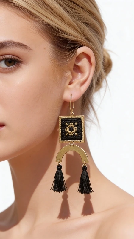 Κεντητά σκουλαρίκια statement με γεωμετρικά σχέδια από χρυσοκλωστή σε μαύρο - SKOUL-4688, Τα κεντητά statement σκουλαρίκια με γεωμετρικά σχέδια από χρυσοκλωστή σε μαύρο φόντο είναι το τέλειο αξεσουάρ για να δημιουργήσετε εντυπωσιακά look. Σχεδιασμένα από την Ελληνίδα Σχεδιάστρια Κοσμημάτων Αικατερίνη Χαλκιαδάκη, αυτά τα μοναδικά χειροποίητα σκουλαρίκια συνδυάζουν την παραδοσιακή τέχνη του κεντήματος με σύγχρονο design.
Κάθε σκουλαρίκι διαθέτει τετράγωνο κεντητό στοιχείο με χρυσές λεπτομέρειες που δημιουργούν γεωμετρικά μοτίβα σε μαύρο υπόστρωμα. Οι κρεμαστές φούντες σε μαύρο χρώμα προσθέτουν κίνηση και μοντέρνα αισθητική, ενώ το ορειχάλκινο στοιχείο ολοκληρώνει αρμονικά το σχεδιασμό.
Αυτά τα εντυπωσιακά μακριά σκουλαρίκια είναι ιδανικά για ειδικές περιστάσεις, γάμους, ή όταν θέλετε να δώσετε έμφαση στο styling σας. Η folklore αισθητική τους τα καθιστά τέλεια για boho και ethnic εμφανίσεις. Φροντίστε τα απαλά με στεγνό πανί και αποθηκεύστε τα σε στεγνό μέρος μακριά από άμεση ηλιακή ακτινοβολία για να διατηρήσουν τα χρώματά τους.
Υλικό: Ορείχαλκος, Ύφασμα