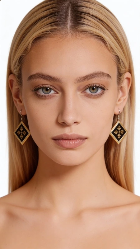 Τα κεντητά statement σκουλαρίκια με γεωμετρικά σχέδια από χρυσοκλωστή σε μαύρη βάση αποτελούν την τέλεια επιλογή για όσες αναζητούν εντυπωσιακά και πρωτότυπα κοσμήματα. Σχεδιασμένα από την Ελληνίδα Σχεδιάστρια Κοσμημάτων Αικατερίνη Χαλκιαδάκη, αυτά τα χειροποίητα σκουλαρίκια συνδυάζουν την παραδοσιακή τέχνη του κεντήματος με σύγχρονο design.\u000AΗ μαύρη βάση με τα χρυσά γεωμετρικά μοτίβα δημιουργεί έναν εκλεπτυσμένο συνδυασμό που προσθέτει sophistication σε κάθε εμφάνιση. Τα ρομβοειδή σχήματα κεντημένα με χρυσοκλωστή δίνουν έναν ethnic αέρα που ταιριάζει τόσο σε καθημερινά όσο και σε επίσημα looks. Η κρεμαστή φόρμα τους κινείται όμορφα και προσθέτει κίνηση στο πρόσωπο.\u000AΙδανικά για γάμους, βραδινές εξόδους ή όταν θέλετε να προσθέσετε μία καλλιτεχνική νότα στο ντύσιμό σας. Φροντίστε τα ήπια με στεγνό καθάρισμα και αποθηκεύστε τα σε στεγνό μέρος για να διατηρήσουν την ομορφιά τους.\u000AΥλικό: Ορείχαλκος, Ύφασμα