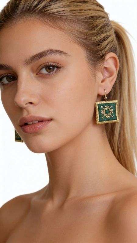 Εντυπωσιακά statement σκουλαρίκια κεντητά με χρυσοκλωστή που συνδυάζουν τη μοναδική αισθητική του ελληνικού folklore με τη μοντέρνα κομψότητα. Αυτά τα χειροποίητα κοσμήματα σχεδιασμένα από την Ελληνίδα Σχεδιάστρια Κοσμημάτων Αικατερίνη Χαλκιαδάκη παρουσιάζουν ένα μαγευτικό τετράγωνο σχήμα σε έντονο πράσινο χρώμα με χρυσά κεντήματα που σχηματίζουν γεωμετρικά μοτίβα.\u000AΤα κεντητά σκουλαρίκια διαθέτουν λεπτομερή χειροτεχνία με χρυσοκλωστή που δημιουργεί εκλεπτυσμένα σχέδια πάνω σε πράσινη βάση. Το κεντητό ύφασμα περιβάλλεται από χρυσό πλαίσιο που προσδίδει πολυτελή εμφάνιση, ενώ το μέγεθός τους τα καθιστά ιδανικά για statement εμφανίσεις. Είναι τέλεια για γαμήλιες εκδηλώσεις, ειδικές περιστάσεις ή όταν θέλετε να προσθέσετε μια εντυπωσιακή πινελιά στο καθημερινό σας στυλ.\u000AΦροντίστε τα κεντητά σκουλαρίκια σας αποφεύγοντας την επαφή με νερό και αποθηκεύοντάς τα σε στεγνό μέρος για να διατηρήσουν την ομορφιά τους.\u000AΥλικό: Ορείχαλκος, Ύφασμα
