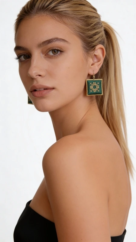 Κεντητά σκουλαρίκια statement με γεωμετρικά σχέδια από χρυσοκλωστή σε πράσινο - SKOUL-4699, Εντυπωσιακά statement σκουλαρίκια κεντητά με χρυσοκλωστή που συνδυάζουν τη μοναδική αισθητική του ελληνικού folklore με τη μοντέρνα κομψότητα. Αυτά τα χειροποίητα κοσμήματα σχεδιασμένα από την Ελληνίδα Σχεδιάστρια Κοσμημάτων Αικατερίνη Χαλκιαδάκη παρουσιάζουν ένα μαγευτικό τετράγωνο σχήμα σε έντονο πράσινο χρώμα με χρυσά κεντήματα που σχηματίζουν γεωμετρικά μοτίβα.
Τα κεντητά σκουλαρίκια διαθέτουν λεπτομερή χειροτεχνία με χρυσοκλωστή που δημιουργεί εκλεπτυσμένα σχέδια πάνω σε πράσινη βάση. Το κεντητό ύφασμα περιβάλλεται από χρυσό πλαίσιο που προσδίδει πολυτελή εμφάνιση, ενώ το μέγεθός τους τα καθιστά ιδανικά για statement εμφανίσεις. Είναι τέλεια για γαμήλιες εκδηλώσεις, ειδικές περιστάσεις ή όταν θέλετε να προσθέσετε μια εντυπωσιακή πινελιά στο καθημερινό σας στυλ.
Φροντίστε τα κεντητά σκουλαρίκια σας αποφεύγοντας την επαφή με νερό και αποθηκεύοντάς τα σε στεγνό μέρος για να διατηρήσουν την ομορφιά τους.
Υλικό: Ορείχαλκος, Ύφασμα