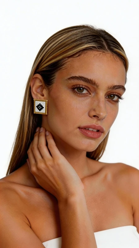 Κεντητά σκουλαρίκια statement με γεωμετρικά σχέδια από χρυσοκλωστή σε άσπρο - SKOUL-4715 | Candiashop Boutique, Ξεχωρίστε με αυτά τα εντυπωσιακά statement σκουλαρίκια κεντητά με γεωμετρικά σχέδια σε λευκό χρώμα, που συνδυάζουν την παραδοσιακή τέχνη της χρυσοκλωστής με σύγχρονο design. Σχεδιασμένα από την Ελληνίδα Σχεδιάστρια Κοσμημάτων Αικατερίνη Χαλκιαδάκη, αυτά τα χειροποίητα σκουλαρίκια αποτελούν την τέλεια επιλογή για κάθε γυναίκα που θέλει να εκφράσει την προσωπικότητά της με στυλ. Το κεντητό γεωμετρικό μοτίβο σε λευκό και μαύρο χρώμα δημιουργεί έναν εντυπωσιακό οπτικό αντίπαλο που προσελκύει τα βλέμματα. Η χρυσή βάση προσδίδει πολυτέλεια και κομψότητα, ενώ το τετράγωνο σχήμα τους τα καθιστά ιδανικά για μοντέρνες εμφανίσεις. Αυτά τα statement σκουλαρίκια συνδυάζονται τέλεια με επαγγελματικά outfits, casual εμφανίσεις ή και γαμήλιες τελετές. Υλικό: Ορείχαλκος, Ύφασμα Συντηρήστε τα σκουλαρίκια σας φυλάσσοντάς τα σε στεγνό μέρος και καθαρίζοντάς τα απαλά με μαλακό πανί. Αποφύγετε την επαφή με αρώματα και υγρασία για να διατηρήσετε την ομορφιά τους για χρόνια.