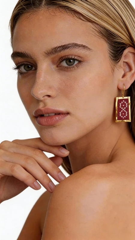Κεντητά σκουλαρίκια statement με γεωμετρικά σχέδια από χρυσοκλωστή σε μπορντό - SKOUL-4704 | Candiashop Boutique, Τα statement κεντητά σκουλαρίκια με γεωμετρικά σχέδια σε μπορντό χρώμα αποτελούν τον τέλειο συνδυασμό παραδοσιακής τέχνης και σύγχρονης αισθητικής. Κατασκευασμένα από χρυσοκλωστή υψηλής ποιότητας, αυτά τα εντυπωσιακά σκουλαρίκια έχουν σχεδιαστεί από την Ελληνίδα Σχεδιάστρια Κοσμημάτων Αικατερίνη Χαλκιαδάκη, αποτυπώνοντας την αυθεντική ελληνική κοσμηματοτεχνία. Τα ορθογώνια κεντητά σκουλαρίκια διαθέτουν πολύπλοκα γεωμετρικά μοτίβα που δημιουργούν μια εκλεπτυσμένη vintage αισθητική. Το βαθύ μπορντό χρώμα συνδυάζεται αρμονικά με τις χρυσές λεπτομέρειες, δημιουργώντας ένα luxurious αποτέλεσμα που ταιριάζει τέλεια σε κάθε περίσταση. Η χειροποίητη κατασκευή εγγυάται την μοναδικότητα κάθε κομματιού, ενώ το ελαφρύ τους βάρος τα καθιστά ιδανικά για όλη την ημέρα. Αυτά τα boho σκουλαρίκια αποτελούν την τέλεια επιλογή για γάμους, ειδικές εκδηλώσεις ή για να προσθέσετε μια δόση κομψότητας στην καθημερινότητά σας. Υλικό: Ορείχαλκος, Ύφασμα Φροντίστε τα σκουλαρίκιά σας αποφεύγοντας την επαφή με νερό και αρώματα. Φυλάσσετε τα σε στεγνό μέρος για να διατηρήσετε τη λάμψη τους.