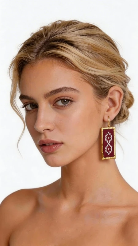 Κεντητά σκουλαρίκια statement με γεωμετρικά σχέδια από χρυσοκλωστή σε μπορντό - SKOUL-4704 | Candiashop Boutique, Τα statement κεντητά σκουλαρίκια με γεωμετρικά σχέδια σε μπορντό χρώμα αποτελούν τον τέλειο συνδυασμό παραδοσιακής τέχνης και σύγχρονης αισθητικής. Κατασκευασμένα από χρυσοκλωστή υψηλής ποιότητας, αυτά τα εντυπωσιακά σκουλαρίκια έχουν σχεδιαστεί από την Ελληνίδα Σχεδιάστρια Κοσμημάτων Αικατερίνη Χαλκιαδάκη, αποτυπώνοντας την αυθεντική ελληνική κοσμηματοτεχνία. Τα ορθογώνια κεντητά σκουλαρίκια διαθέτουν πολύπλοκα γεωμετρικά μοτίβα που δημιουργούν μια εκλεπτυσμένη vintage αισθητική. Το βαθύ μπορντό χρώμα συνδυάζεται αρμονικά με τις χρυσές λεπτομέρειες, δημιουργώντας ένα luxurious αποτέλεσμα που ταιριάζει τέλεια σε κάθε περίσταση. Η χειροποίητη κατασκευή εγγυάται την μοναδικότητα κάθε κομματιού, ενώ το ελαφρύ τους βάρος τα καθιστά ιδανικά για όλη την ημέρα. Αυτά τα boho σκουλαρίκια αποτελούν την τέλεια επιλογή για γάμους, ειδικές εκδηλώσεις ή για να προσθέσετε μια δόση κομψότητας στην καθημερινότητά σας. Υλικό: Ορείχαλκος, Ύφασμα Φροντίστε τα σκουλαρίκιά σας αποφεύγοντας την επαφή με νερό και αρώματα. Φυλάσσετε τα σε στεγνό μέρος για να διατηρήσετε τη λάμψη τους.