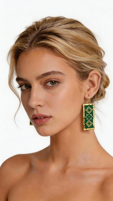 Κεντητά σκουλαρίκια statement με γεωμετρικά σχέδια από χρυσοκλωστή σε πράσινο - SKOUL-4711 | Candiashop Boutique, Ξεχωρίστε με αυτά τα εντυπωσιακά statement σκουλαρίκια που συνδυάζουν την παραδοσιακή τέχνη του κεντήματος με μοντέρνο design. Σχεδιασμένα από την Ελληνίδα Σχεδιάστρια Κοσμημάτων Αικατερίνη Χαλκιαδάκη, αυτά τα μοναδικά κεντητά σκουλαρίκια σε έντονο πράσινο χρώμα αποτελούν την τέλεια επιλογή για κάθε ξεχωριστή εμφάνιση. Τα ορθογώνια σκουλαρίκια διακοσμούνται με γεωμετρικά μοτίβα κεντημένα με χρυσοκλωστή, δημιουργώντας έναν εκλεπτυσμένο συνδυασμό χρωμάτων που ταιριάζει τόσο στις καθημερινές όσο και στις επίσημες εμφανίσεις. Η χειροποίητη κατασκευή εξασφαλίζει τη μοναδικότητα κάθε κομματιού, ενώ το ελαφρύ τους βάρος τα καθιστά ιδιαίτερα άνετα στη χρήση. Υλικό: Ορείχαλκος, Ύφασμα Για τη διατήρηση των χρωμάτων και της ποιότητας, φυλάσσετε τα σκουλαρίκια σε στεγνό μέρος και αποφεύγετε την επαφή με υγρασία και χημικές ουσίες.