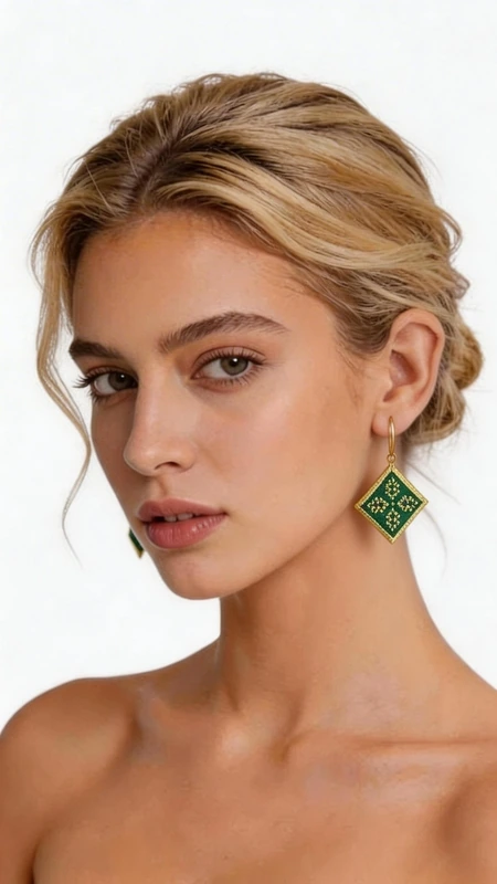 Κεντητά σκουλαρίκια statement με γεωμετρικά σχέδια από χρυσοκλωστή σε πράσινο - SKOUL-4714 | Candiashop Boutique, Εντυπωσιακά κεντητά σκουλαρίκια statement που συνδυάζουν την παραδοσιακή τέχνη του κεντήματος με σύγχρονο γεωμετρικό design. Σχεδιασμένα από την Ελληνίδα Σχεδιάστρια Κοσμημάτων Αικατερίνη Χαλκιαδάκη, αυτά τα μοναδικά χειροποίητα σκουλαρίκια σε πράσινο χρώμα θα γίνουν το κεντρικό σημείο κάθε σας εμφάνισης. Το εκλεπτυσμένο ρομβοειδές σχήμα με τα λεπτομερή κεντητά μοτίβα από χρυσοκλωστή δημιουργεί μια κομψή αντίθεση με το έντονο πράσινο χρώμα. Κάθε σκουλαρίκι είναι χειροποίητο με ιδιαίτερη προσοχή στη λεπτομέρεια, συνδυάζοντας folklore design elements με μοντέρνα αισθητική. Ιδανικά για γάμο, ειδικές εκδηλώσεις ή όταν θέλετε να προσθέσετε μια δόση χρώματος και κομψότητας στην καθημερινότητά σας. Το ελαφρύ τους βάρος τα καθιστά άνετα για ολοήμερη χρήση. Συντηρήστε τα σκουλαρίκια σε στεγνό χώρο, αποφεύγοντας την επαφή με νερό και χημικά προϊόντα για να διατηρήσουν τη λάμψη και την ομορφιά τους.