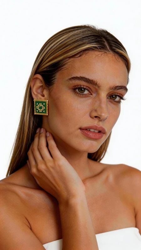 Κεντητά σκουλαρίκια statement με γεωμετρικά σχέδια από χρυσοκλωστή σε πράσινο - SKOUL-4724 | Candiashop Boutique, Ξεχωρίστε με αυτά τα εντυπωσιακά statement σκουλαρίκια κεντητά με χρυσοκλωστή σε έντονο πράσινο χρώμα που συνδυάζουν την παραδοσιακή τέχνη του κεντήματος με τη σύγχρονη αισθητική. Σχεδιασμένα από την Ελληνίδα Σχεδιάστρια Κοσμημάτων Αικατερίνη Χαλκιαδάκη, αυτά τα χειροποίητα σκουλαρίκια φέρουν γεωμετρικά σχέδια που εμπνέονται από το ελληνικό folklore. Κάθε σκουλαρίκι είναι μοναδικό έργο τέχνης, κεντημένο με λεπτομέρεια και αγάπη. Το πλούσιο πράσινο χρώμα σε συνδυασμό με τις χρυσές λεπτομέρειες δημιουργούν έναν εντυπωσιακό συνδυασμό που ταιριάζει τόσο σε καθημερινά όσο και σε επίσημα looks. Η τετραγωνική φόρμα τους προσδίδει μοντέρνα αισθητική, ενώ η χειροποίητη κατασκευή εγγυάται την υψηλή ποιότητα. Ιδανικά για κάθε περίσταση, από casual εμφανίσεις έως γάμους και επίσημες βραδινές εκδηλώσεις. Συνδυάστε τα με μονόχρωμα outfits για να αναδείξετε την ομορφιά τους ή δημιουργήστε bohemian looks που εκφράζουν την προσωπικότητά σας. Υλικό: Ορείχαλκος, Ύφασμα Φροντίδα: Φυλάσσετε σε στεγνό μέρος μακριά από υγρασία και άμεση ηλιακή ακτινοβολία.