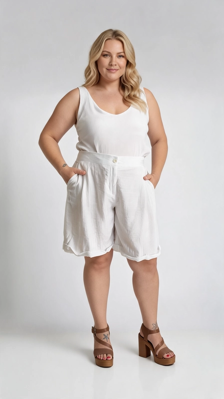 Η λευκή γυναικεία βερμούδα plus size αποτελεί την ιδανική επιλογή για κάθε καλοκαιρινή εμφάνιση. Κατασκευασμένη από ελαφρύ ύφασμα με ανάγλυφη υφή, προσφέρει άνεση και στυλ σε κάθε περίσταση. Η ψηλόμεση γραμμή της τονίζει τη σιλουέτα, ενώ η φαρδιά, ρέουσα εφαρμογή εξασφαλίζει ελευθερία κινήσεων καθ\u0027 όλη τη διάρκεια της ημέρας. Διαθέτει πλαϊνές τσέπες για πρακτική χρήση, καθώς και κουμπί στη μέση που προσθέτει μια κομψή λεπτομέρεια. Το μήκος της φτάνει λίγο πάνω από το γόνατο, δημιουργώντας μια αριστοκρατική και θηλυκή εμφάνιση. Το λευκό χρώμα της είναι διαχρονικό και εύκολο να συνδυαστεί με διάφορα κομμάτια. Μπορεί να φορεθεί με λευκό αμάνικο τοπ, όπως στην εικόνα, για ένα all\u002Dwhite look, αλλά και με έγχρωμες μπλούζες ή πουκάμισα για πιο παιχνιδιάρικες εμφανίσεις. Ιδανική για βόλτες, καλοκαιρινές εκδρομές ή casual συναντήσεις, αυτή η βερμούδα είναι must\u002Dhave κομμάτι για τη γκαρνταρόμπα κάθε γυναίκας.