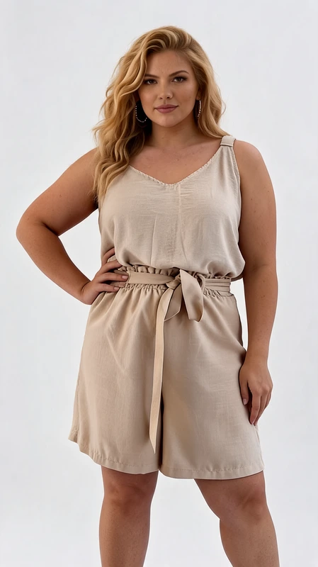Βερμούδα γυναικεία εκρού καλοκαιρινή plus size - VRM106 | Candiashop Boutique, Αυτή η κομψή βερμούδα σε απαλό μπεζ χρώμα είναι η ιδανική επιλογή για το καλοκαιρινό σας γκαρνταρόμπα. Το επάνω μέρος αποτελείται από ένα αέρινο τοπ με λεπτές τιράντες και V λαιμόκοψη που κολακεύει τη σιλουέτα, ενώ το χαλαρό ύφασμα προσφέρει άνεση σε κάθε κίνηση. Η βερμούδα έχει ψηλή μέση με κομψή ζώνη από το ίδιο ύφασμα που δένει σε φιόγκο, τονίζοντας τη μέση και προσθέτοντας μια θηλυκή πινελιά στο σύνολο. Κατασκευασμένη από υψηλής ποιότητας ύφασμα με ελαφριά υφή, αυτή η βερμούδα είναι ιδανική για καλοκαιρινές βόλτες, απογευματινούς καφέδες ή χαλαρές εξόδους στην παραλία. Συνδυάστε την με πέδιλα χρυσαφί όπως στην εικόνα για ένα ολοκληρωμένο καλοκαιρινό look, ή με σανδάλια και ένα ψάθινο καπέλο για τις διακοπές σας. Διαθέσιμη σε μεγέθη plus size, σχεδιασμένη για να αγκαλιάζει τις καμπύλες με κομψότητα και να χαρίζει αυτοπεποίθηση σε κάθε γυναίκα.