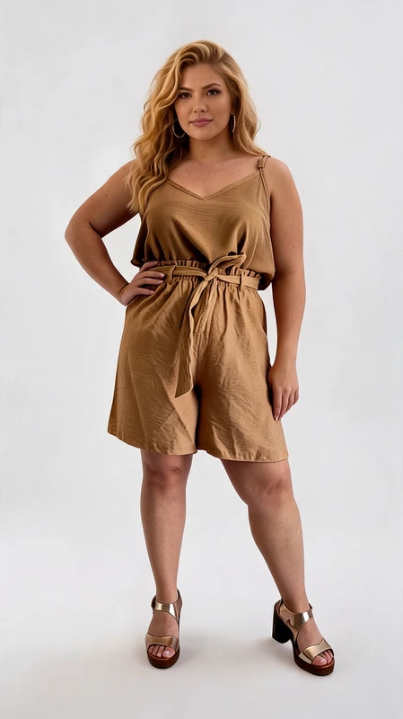 Βερμούδα γυναικεία εκρού καλοκαιρινή plus size - VRM117 | Candiashop Boutique, Αυτή η κομψή βερμούδα σε απαλό καφέ-ταμπά χρώμα είναι ιδανικό για τις καλοκαιρινές σας εμφανίσεις. Η φόρμα διαθέτει λεπτές ρυθμιζόμενες τιράντες και κομψό ντεκολτέ σε σχήμα V που κολακεύει τη σιλουέτα. Το άνετο φαρδύ σχέδιο με την ελαστική μέση και τη ζώνη που δένει μπροστά προσφέρει άνεση και στυλ, ενώ το ελαφρώς υφασμένο υλικό προσδίδει μια αίσθηση διακριτικής πολυτέλειας. Η φόρμα έχει σχεδιαστεί με φαρδιά άνετα μπατζάκια μέχρι το γόνατο, ιδανικά για καθημερινές βόλτες, παραλιακούς περιπάτους ή ακόμα και για χαλαρά απογευματινά ποτά. Συνδυάστε την με πλατφόρμες όπως στη φωτογραφία για μια κομψή εμφάνιση ή με σανδάλια για πιο χαλαρό στυλ. Το ανάλαφρο ύφασμα είναι ιδανικό για τις ζεστές μέρες, ενώ η φαρδιά γραμμή εξασφαλίζει άνεση και αυτοπεποίθηση. Αυτή η φόρμα είναι σχεδιασμένη για να αγκαλιάζει κάθε σωματότυπο με κομψότητα και στυλ.
