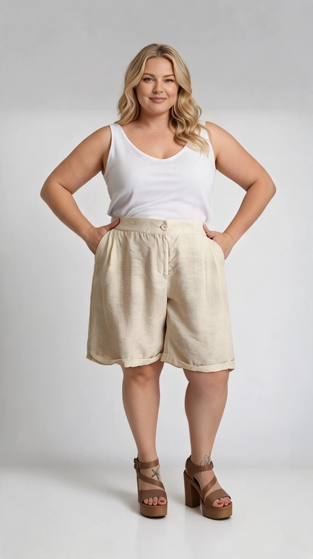 Η γυναικεία βερμούδα plus size σε υπέροχη εκρού απόχρωση είναι η ιδανική επιλογή για τις ζεστές καλοκαιρινές μέρες. Κατασκευασμένη από ύφασμα με λινή υφή, προσφέρει εξαιρετική αναπνοή και άνεση καθ\u0027 όλη τη διάρκεια της ημέρας.