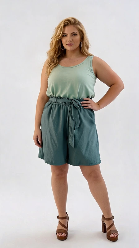 Βερμούδα γυναικεία γαλάζια καλοκαιρινή plus size - VRM114 | Candiashop Boutique, Αυτή η κομψή βερμούδα σε απαλό πετρόλ χρώμα αποτελεί την ιδανική επιλογή για το καλοκαιρινό σας γκαρνταρόμπα. Κατασκευασμένη από ελαφρύ, αεράτο ύφασμα που χαρίζει άνεση στις ζεστές μέρες, διαθέτει φαρδιά γραμμή για απόλυτη ελευθερία κινήσεων. Το ψηλόμεσο σχέδιο με το κορδόνι που δένει στη μέση κολακεύει τη σιλουέτα, ενώ προσφέρει εξαιρετική εφαρμογή σε κάθε σωματότυπο. Συνδυάζεται τέλεια με το αμάνικο μπλουζάκι σε απαλό μέντα που φαίνεται στην εικόνα, δημιουργώντας ένα δροσερό σύνολο για καθημερινές εμφανίσεις, βόλτες στην παραλία ή χαλαρά απογευματινά ραντεβού. Η χαλαρή εφαρμογή και το μήκος μέχρι το γόνατο προσφέρουν άνεση και κομψότητα, ενώ το φυσικό ύφασμα επιτρέπει στο δέρμα να αναπνέει. Ιδανική για συνδυασμούς με πλατφόρμες, σανδάλια ή αθλητικά παπούτσια, αυτή η βερμούδα αποτελεί ένα ευέλικτο κομμάτι που θα αναβαθμίσει το καλοκαιρινό σας στυλ.
