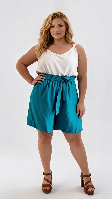Βερμούδα γυναικεία γαλάζια καλοκαιρινή plus size - VRM123 | Candiashop Boutique, Αναδείξτε το καλοκαιρινό σας στυλ με αυτή την κομψή βερμούδα σε υπέροχο τιρκουάζ χρώμα που συνδυάζεται με λευκό τοπ για ένα φρέσκο και δροσερό σύνολο. Η ψηλόμεση σχεδίαση με το χαρακτηριστικό βολάν στη μέση και τη ζώνη που δένει μπροστά κολακεύει ιδιαίτερα τη σιλουέτα, προσφέροντας άνεση και στυλ. Η φαρδιά γραμμή της βερμούδας εξασφαλίζει άνετη εφαρμογή και ελευθερία κινήσεων, ενώ το μήκος της είναι ιδανικό για καθημερινές εμφανίσεις. Μπορεί να φορεθεί με απλά τοπ όπως το λευκό της φωτογραφίας, με μπλούζες με prints ή ακόμα και με κομψά πουκάμισα για πιο επίσημες περιστάσεις. Συνδυάστε την με πέδιλα με χαμηλό ή μεσαίο τακούνι για καθημερινές βόλτες ή με σανδάλια για τις διακοπές σας. Το ανάλαφρο ύφασμα είναι ιδανικό για τις ζεστές καλοκαιρινές ημέρες, προσφέροντας δροσιά και στυλ. Διαθέσιμη σε μεγέθη plus size, αυτή η βερμούδα αποτελεί απαραίτητο κομμάτι για τη θερινή σας γκαρνταρόμπα.