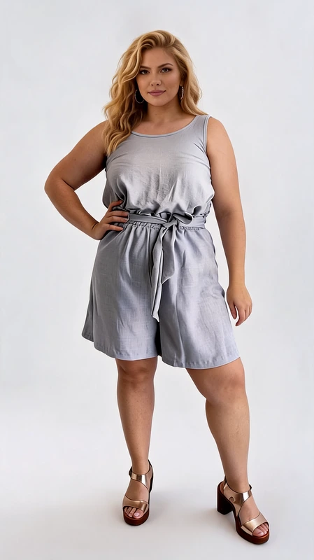 Βερμούδα γυναικεία γκρι καλοκαιρινή plus size - VRM108 | Candiashop Boutique, Αυτή η κομψή ολόσωμη φόρμα-σορτς σε απαλό γαλάζιο χρώμα είναι ο ιδανικός συνδυασμός άνεσης και στυλ για το καλοκαίρι. Διαθέτει αμάνικο σχεδιασμό με στρογγυλή λαιμόκοψη που χαρίζει δροσιά στις ζεστές ημέρες, ενώ η χαλαρή εφαρμογή κολακεύει κάθε σωματότυπο. Το ιδιαίτερο χαρακτηριστικό της είναι η κομψή ζώνη στη μέση που δένει σε φιόγκο, τονίζοντας τη σιλουέτα και προσφέροντας προσαρμοσμένη εφαρμογή. Το ελαφρύ, αέρινο ύφασμα εξασφαλίζει άνετες κινήσεις και είναι ιδανικό για καθημερινές βόλτες, παραλιακούς περιπάτους ή ακόμα και για χαλαρά απογευματινά ραντεβού. Συνδυάζεται τέλεια με επίπεδα σανδάλια όπως αυτά στην εικόνα, αλλά και με πλατφόρμες για πιο βραδινές εμφανίσεις. Το γαλάζιο χρώμα της προσφέρει διαχρονική κομψότητα και ταιριάζει εύκολα με διάφορα αξεσουάρ. Διαθέσιμη σε μεγέθη plus size, αυτή η φόρμα-σορτς είναι σχεδιασμένη για να χαρίζει αυτοπεποίθηση και στυλ σε κάθε γυναίκα.